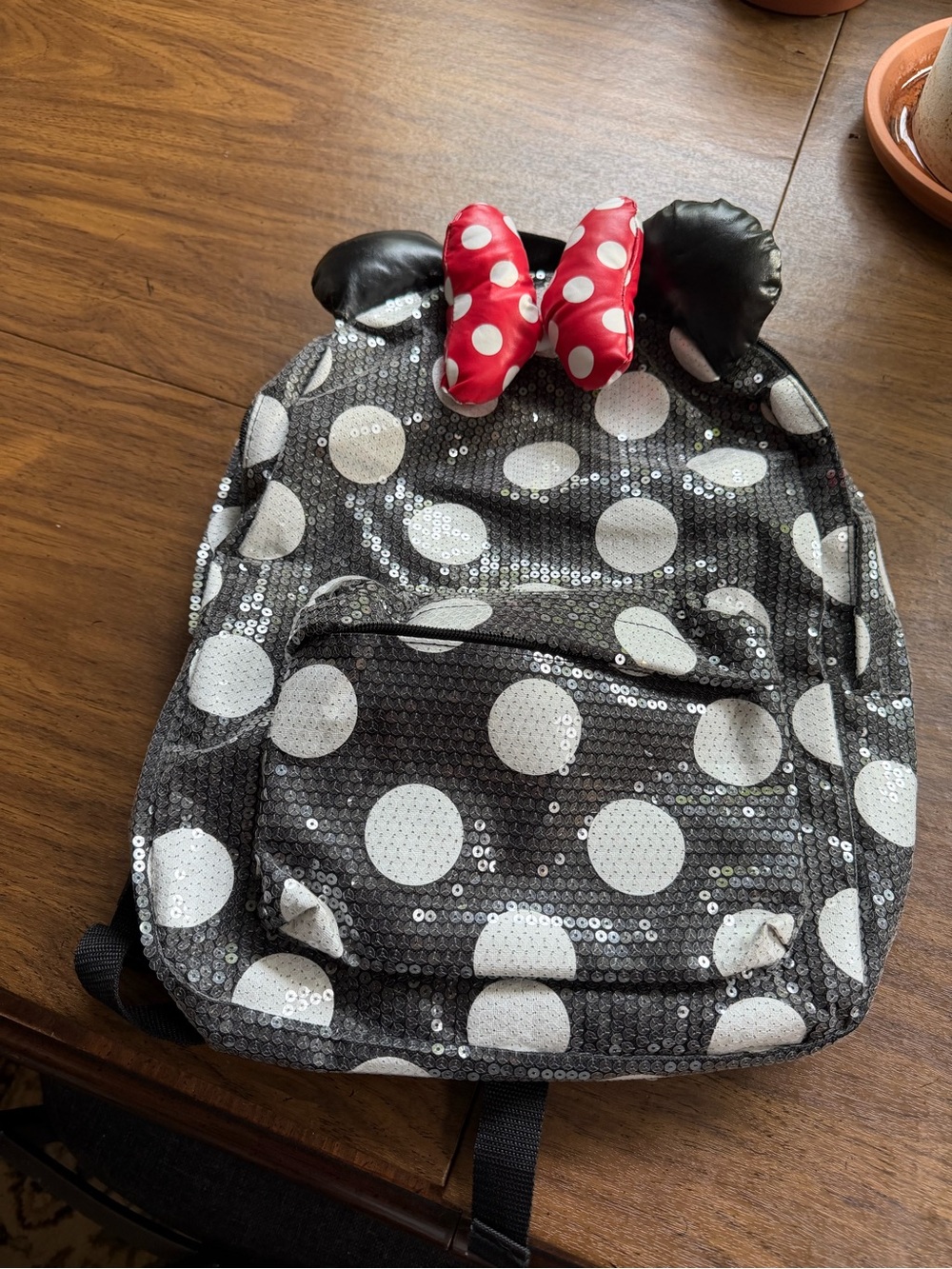Girls' Black Sequin Polka Dot Backpack with Red Bow Accent